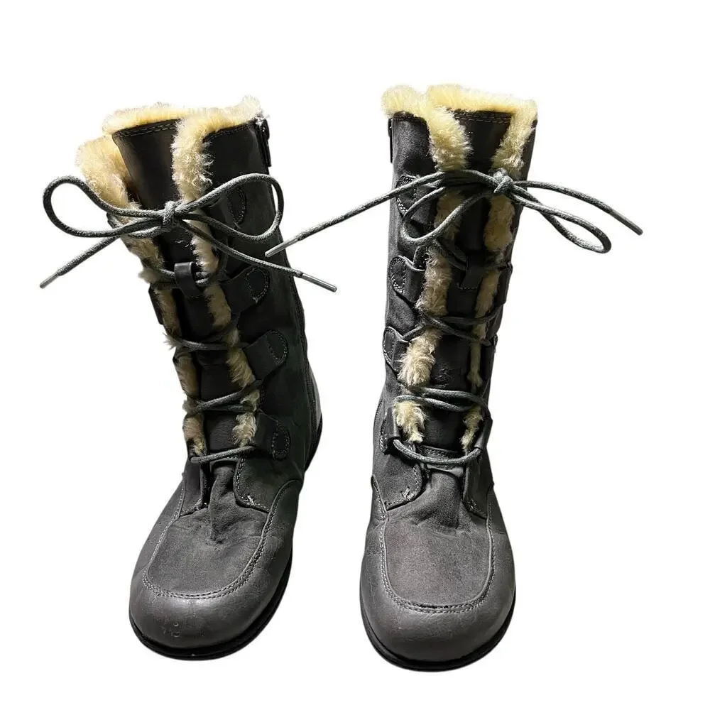 BOC Youth Size 4 Lace Leather Boots Grey Zip‎ Lace Up Faux Fur Snow Winter